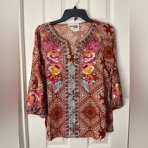Savanna Jane Burnt Orangish Brown Paisley Bohemian Lightweight Top size Small
